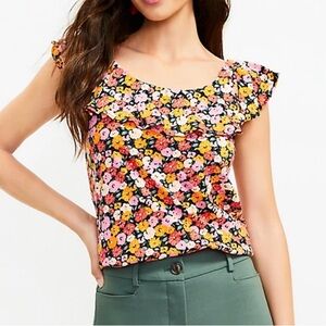 LOFT Floral Ruffle Tank Top T-shirt, Pink, Black, Green & Orange Floral T-Shirt